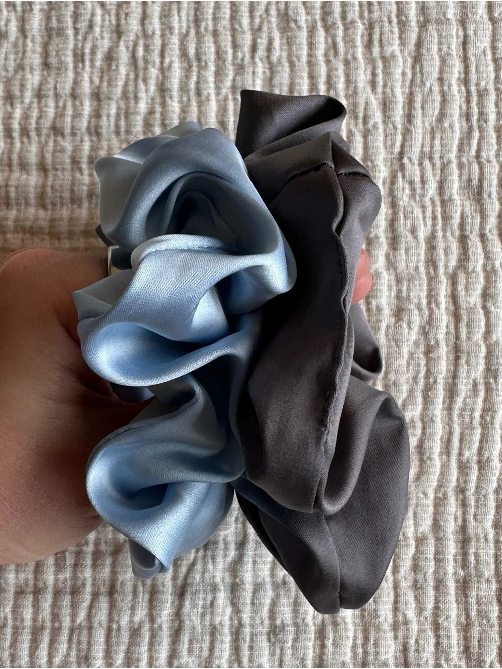 Women's Hair Scrunchies Satin Light Blue Charcoal Gray Set of 2